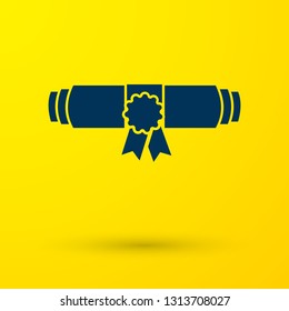 Blue Diploma rolled scroll with stamp and ribbon icon isolated on yellow background. Paper scroll with wax seal. Graduation concept. Business certificate. Vector Illustration