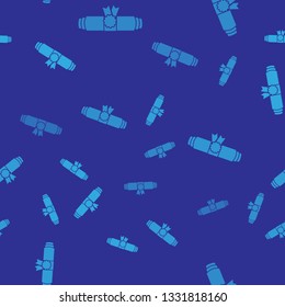 Blue Diploma rolled scroll with stamp and ribbon icon isolated seamless pattern on blue background. Paper scroll with wax seal. Graduation concept. Business certificate. Vector Illustration