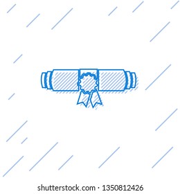 Blue Diploma rolled scroll with stamp and ribbon line icon isolated on white background. Paper scroll with wax seal. Graduation concept. Business certificate. Vector Illustration