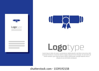 Blue Diploma rolled scroll with stamp and ribbon icon isolated on white background. Paper scroll with wax seal. Business certificate. Logo design template element. Vector Illustration