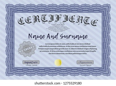 Blue Diploma. Sophisticated design. Detailed. With guilloche pattern and background. 