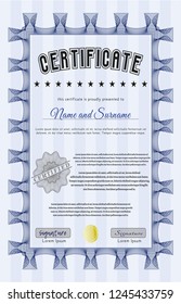 Blue Diploma template. With background. Detailed. Sophisticated design. 