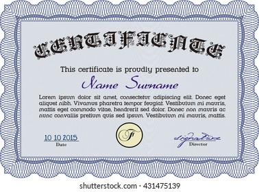 Blue Diploma template. With background. Excellent design. Border, frame. 