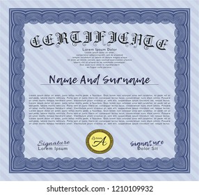 Blue Diploma template. Beauty design. Detailed. Complex background. 
