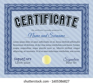 Blue Diploma template or certificate template. Artistry design. Detailed. With complex linear background. 