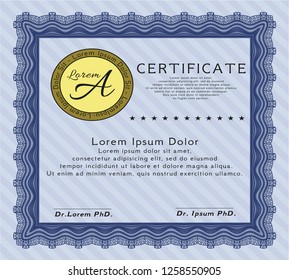 Blue Diploma template or certificate template. With background. Vector illustration. Sophisticated design. 
