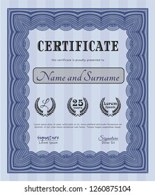 Blue Diploma template or certificate template. With background. Cordial design. Vector illustration. 