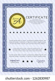 Blue Diploma template or certificate template. With background. Detailed. Superior design. 