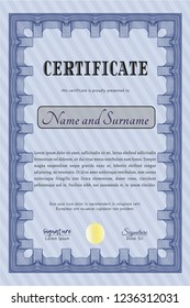 Blue Diploma template or certificate template. Beauty design. Easy to print. Vector illustration. 