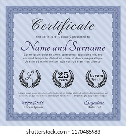 Blue Diploma template or certificate template. With complex linear background. Lovely design. Detailed. 