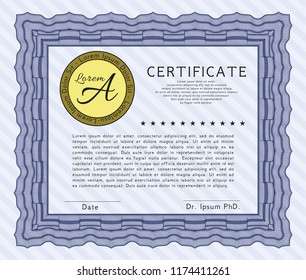 Blue Diploma template or certificate template. With complex linear background. Detailed. Beauty design. 