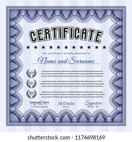 Blue Diploma template or certificate template. With complex linear background. Money Pattern design. Customizable, Easy to edit and change colors. 