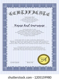 Blue Diploma template or certificate template. With complex linear background. Money Pattern design. Detailed. 