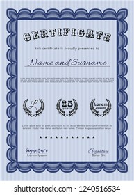 Blue Diploma template or certificate template. Complex background. Vector illustration. Artistry design. 
