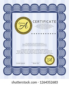 Blue Diploma template or certificate template. With complex background. Vector illustration. Money design. 