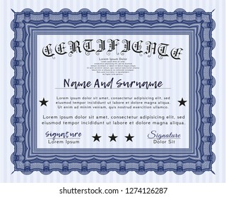 Blue Diploma template or certificate template. With complex background. Cordial design. Vector illustration. 