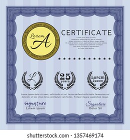 Blue Diploma template or certificate template. With complex linear background. Detailed. Money Pattern. 