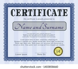 Blue Diploma template or certificate template. With complex linear background. Retro design. Detailed. 