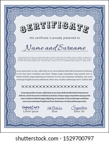 Blue Diploma template or certificate template. With complex background. Detailed. Money design. 