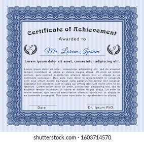 Blue Diploma template or certificate template. With complex linear background. Money Pattern. Detailed. 