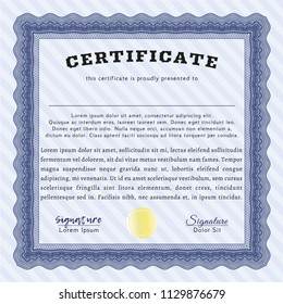 Blue Diploma template or certificate template. Cordial design. Vector illustration. With guilloche pattern and background. 