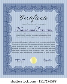 Blue Diploma template or certificate template. Cordial design. Easy to print. Vector illustration. 