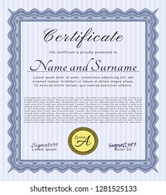 Blue Diploma template or certificate template. Detailed. With linear background. Sophisticated design. 