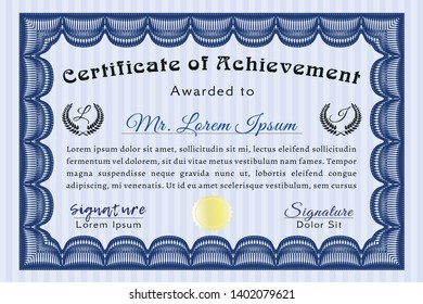 Blue Diploma template or certificate template. Easy to print. Vector illustration. Cordial design. 