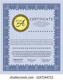 Blue Diploma template or certificate template. Elegant design. Detailed. With guilloche pattern and background. 