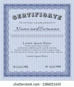 Blue Diploma template or certificate template. Elegant design. Easy to print. Detailed. 
