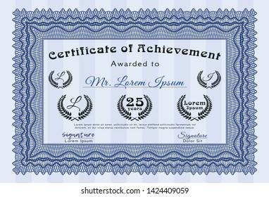 Blue Diploma template or certificate template. Elegant design. With linear background. Vector illustration. 