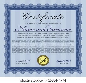 Blue Diploma template or certificate template. Elegant design. Customizable, Easy to edit and change colors. With guilloche pattern and background. 