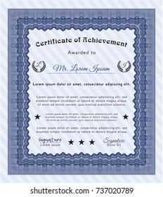 Blue Diploma template or certificate template. Elegant design. With complex linear background. Detailed. 