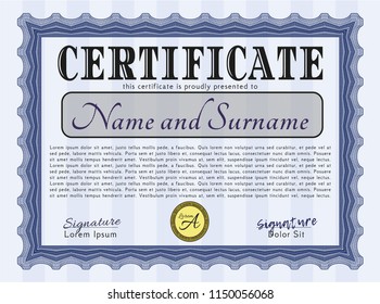 Blue Diploma template or certificate template. Excellent design. Vector illustration. Easy to print. 