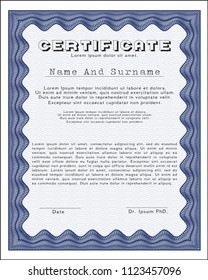 Blue Diploma template or certificate template. With guilloche pattern. Money Pattern design. Customizable, Easy to edit and change colors. 