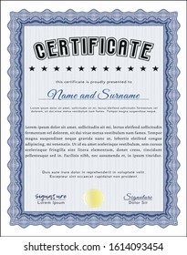Blue Diploma template or certificate template. With guilloche pattern. Detailed. Excellent design. 