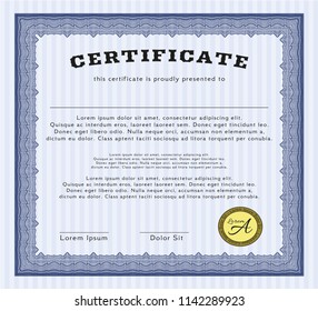 Blue Diploma template or certificate template. With linear background. Detailed. Modern design. 