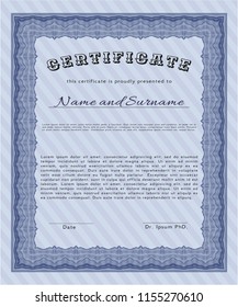 Blue Diploma template or certificate template. With linear background. Good design. Detailed. 