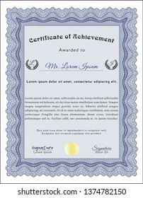 Blue Diploma template or certificate template. With linear background. Beauty design. Vector illustration. 