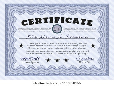 Blue Diploma template or certificate template. Lovely design. Customizable, Easy to edit and change colors. With great quality guilloche pattern. 