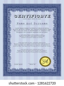 Blue Diploma template or certificate template. Lovely design. With background. Detailed. 