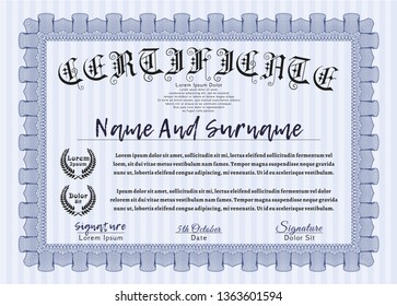 Blue Diploma template or certificate template. Lovely design. Vector illustration. With linear background. 