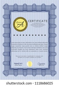 Blue Diploma template or certificate template. Money style design. Customizable, Easy to edit and change colors. With guilloche pattern. 