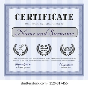 Blue Diploma template or certificate template. Money design. With great quality guilloche pattern. Vector illustration. 