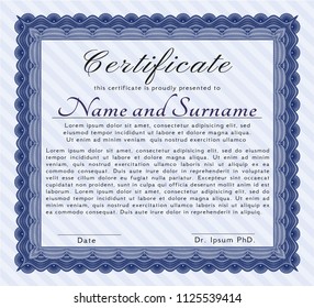 Blue Diploma template or certificate template. Money Pattern. Complex background. Detailed. 