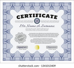 Blue Diploma template or certificate template. Money design. Detailed. With great quality guilloche pattern. 