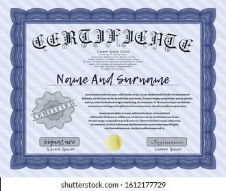 Blue Diploma template or certificate template. Money design. Vector illustration. Complex background. 