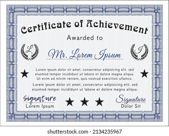 Blue Diploma template or certificate template.  Money Pattern design.  With complex linear background.  Vector illustration. 