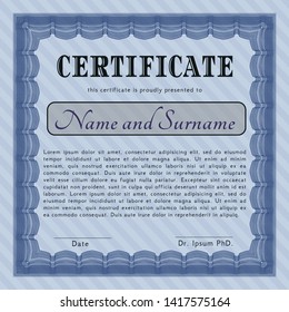 Blue Diploma template or certificate template. Nice design. With guilloche pattern. Detailed. 