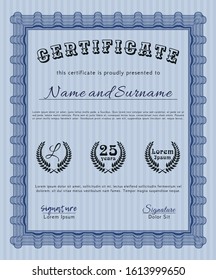 Blue Diploma template or certificate template. Perfect design. Vector illustration. With guilloche pattern and background. 